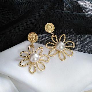 Faux Pearl Flower Drop Earring 1 Pair - Earring - Silver Pin - Flower - Faux Pearl - Gold - One Size