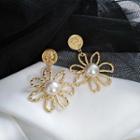 Faux Pearl Flower Drop Earring 1 Pair - Earring - Silver Pin - Flower - Faux Pearl - Gold - One Size