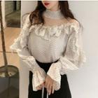 Mesh Panel Dotted Long-sleeve Blouse