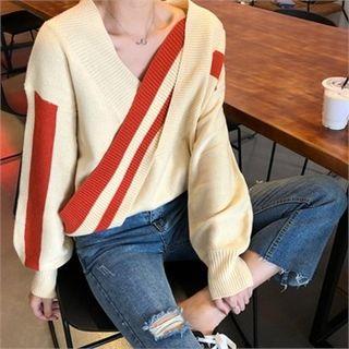 V-neck Contrast-trim Knit Top Beige - One Size