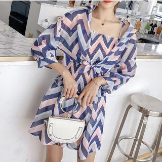 Set: Chevron Shoulder-tie Top + Shorts + Chiffon Jacket