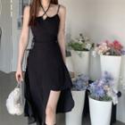 Puff-sleeve Crop Top / Spaghetti Strap Asymmetrical Midi A-line Dress