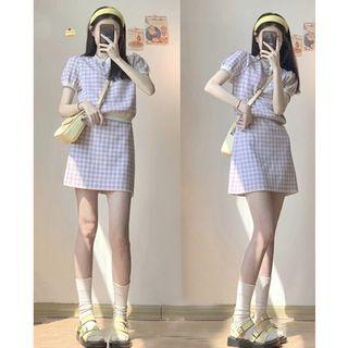 Set: Short-sleeve Plaid Knit Top + Mini A-line Skirt