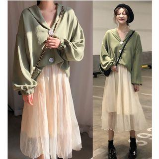 Contrast-button Shirt / Midi A-line Mesh Skirt