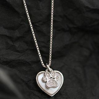 925 Sterling Silver Rhinestone Cat Paw Shell Heart Pendant Necklace