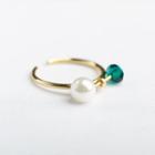 925 Sterling Silver Faux Pearl Bead Open Ring 1 Pc - Gold & Green - One Size