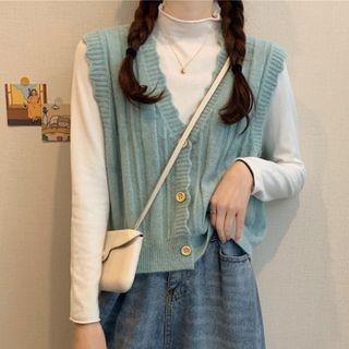 Scallop Trim Button-up Sweater Vest / Long-sleeve Mock-neck T-shirt