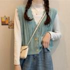 Scallop Trim Button-up Sweater Vest / Long-sleeve Mock-neck T-shirt