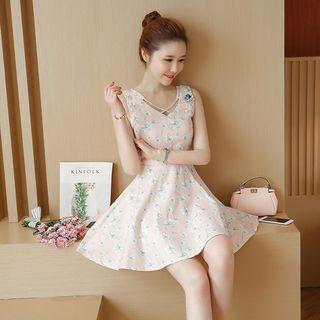 Cross Front Floral Print Sleeveless A-line Dress