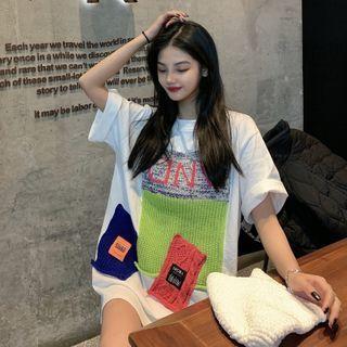 Short-sleeve Knit Panel T-shirt White - One Size