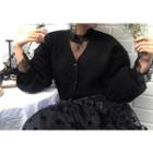 Buttoned Cardigan / Sheer Panel Midi Skirt