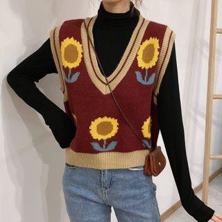 Flower Knit Top / Mock Neck Long-sleeve T-shirt