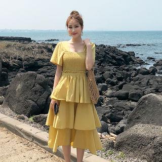 Smocked-panel Layered Dress Mustard Yellow - One Size
