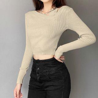 Asymmetrical Ribbed Knit Top Almond - One Size