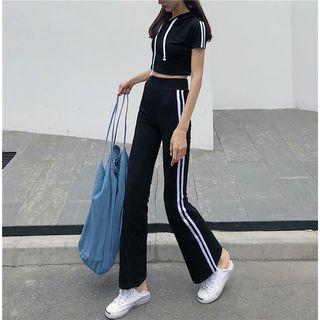 Set Of 2: Short-sleeve Crop Top + High-waist Pants