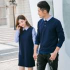 Couple Matching Striped Collared Pullover / Embroidered Collared Long Sleeve Dress