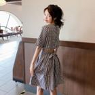 Short-sleeve Checked Open-back A-line Dress