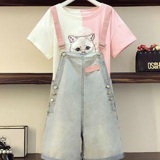 Short-sleeve Cat Print T-shirt / Denim Mini Jumper Shorts / Set