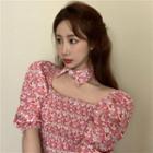 Puff-sleeve Square-neck Smocked Cropped Top / Plaid Slit Mini Pencil Skirt