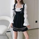 Puff-sleeve Shirred Blouse / Overall Dress