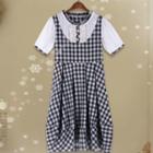 Short-sleeve Plaid Panel A-line Dress