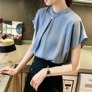 Stand Collar Beaded Flutter Sleeve Top