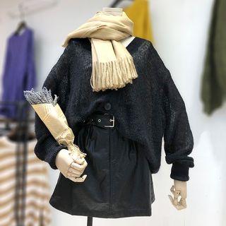 V-neck Cardigan / Faux Leather Mini Pencil Skirt / Set