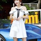 Bow Open Shoulder Frilled Short-sleeve Dress