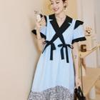 Short Sleeve V-neck Contrast Trim Check A-line Dress