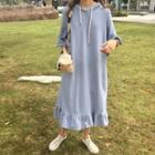 Plain Elbow Sleeve Midi Hoodie Dress