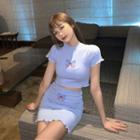 Set: Short-sleeve Butterfly Print Cropped T-shirt + Fitted Mini Skirt Blue - One Size