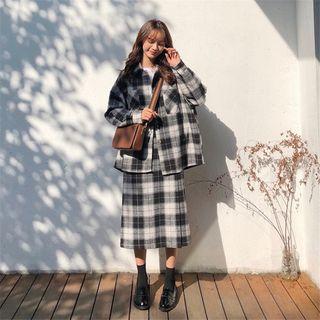 Set: Plaid Buttoned Jacket + Midi A-line Skirt