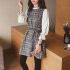 Plaid Mock Two-piece Shift Dress With Sash