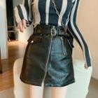Long-sleeve Striped Knit Top / Faux Leather Zip Mini Fitted Skirt