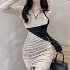 Cold Shoulder Color Block Drawstring Dress