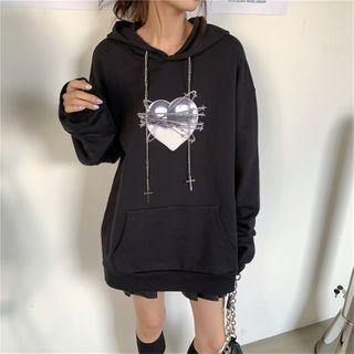 Printed Hoodie / Faux Leather Mini A-line Skirt