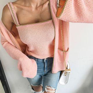 Set: Glitter-trim Waffle-knit Cardigan + Spaghetti-strap Knit Top