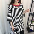 Elbow-sleeve Oversized Striped Ripped Top