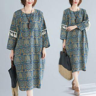 3/4-sleeve Tasseled Patterned Midi A-line Dress As Shown In Figure - One Size
