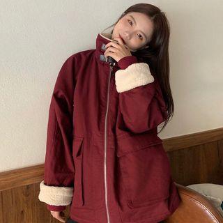 Shearling Panel Zipped Coat