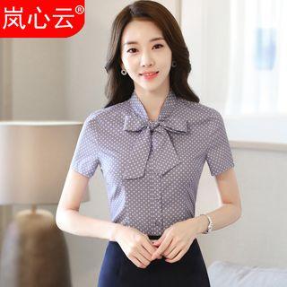 Polka Dot Tie-neck Short-sleeve Dress Shirt / + Skirt