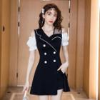 Set: Two-tone Cold-shoulder Slit Mini A-line Dress + Wide-leg Shorts