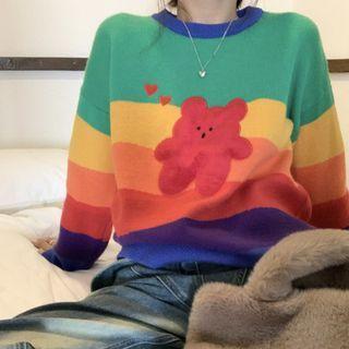 Round Neck Striped Bear Print Sweater Green & Blue - One Size