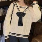 Sailor-collar Chunky Knit Sweater Black & White - One Size
