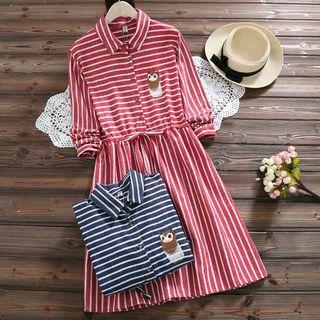 Owl Embroidered Long-sleeve A-line Striped Dress