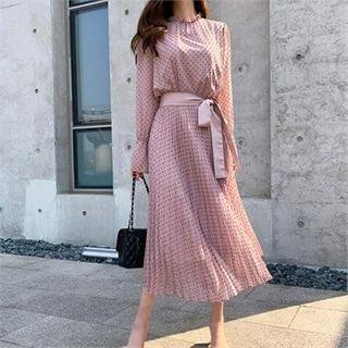 Frilled-neck Dotted Midi Dress With Sash