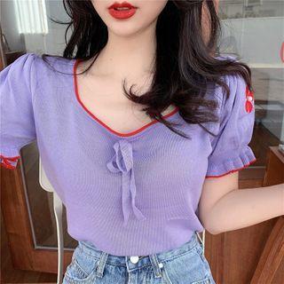 Balloon-sleeve Floral Print Knit Top