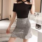 Short-sleeve Cold Shoulder Top / Plaid Ruffled Mini Skirt