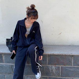 Color-block Printed Letter Jacket / High Waist Split Pants