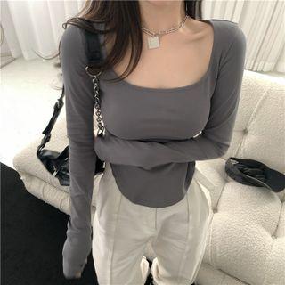 Long-sleeve Square Neck Plain Asymmetric T-shirt